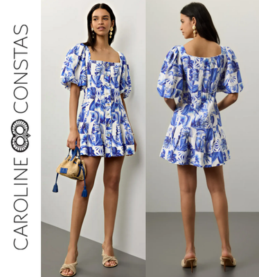 Caroline Constas Linen Blend Puff Sleeve Fit-and-Flare 32" Long Mini Dress  sz 2 | eBay