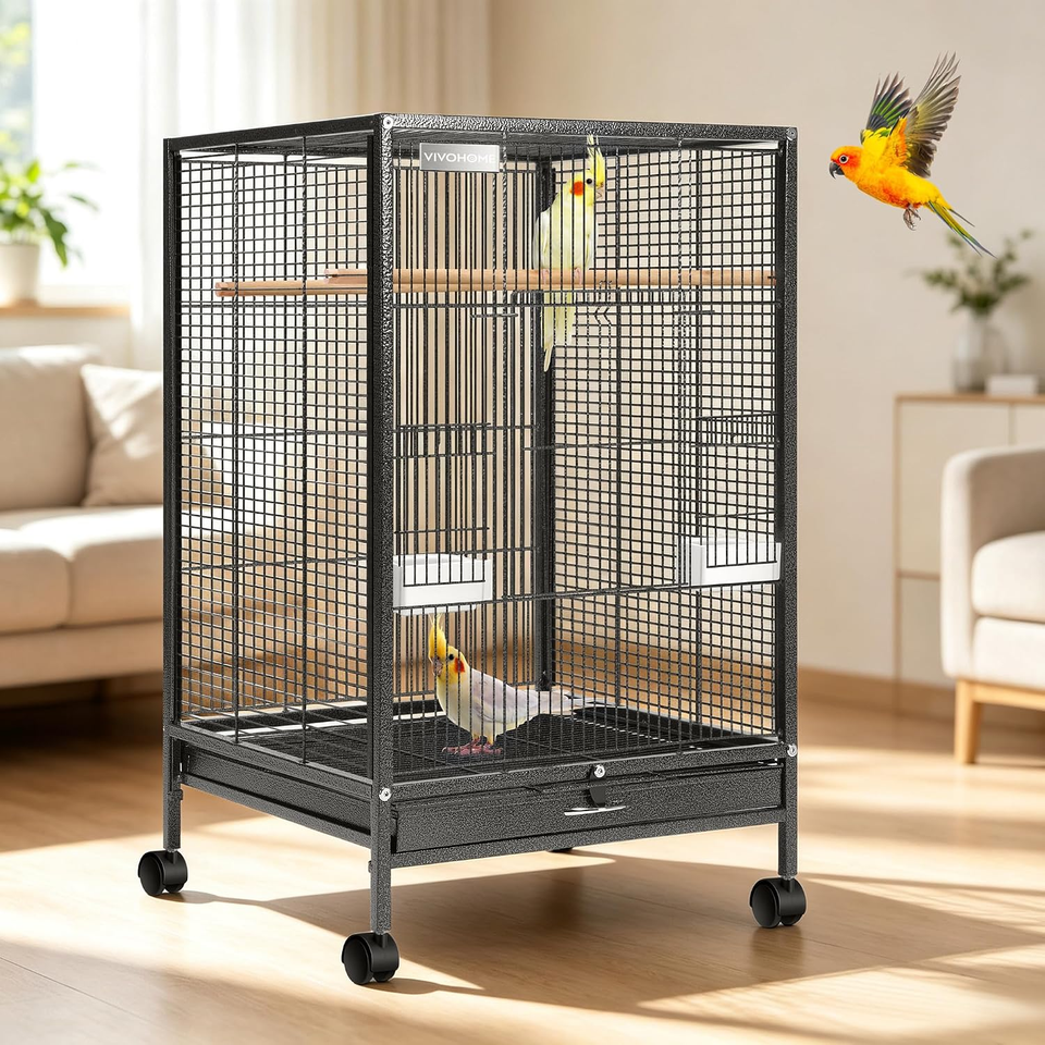 VIVOHOME Wrought Iron Bird Cage with Rolling Stand, 30 Inch Height ...