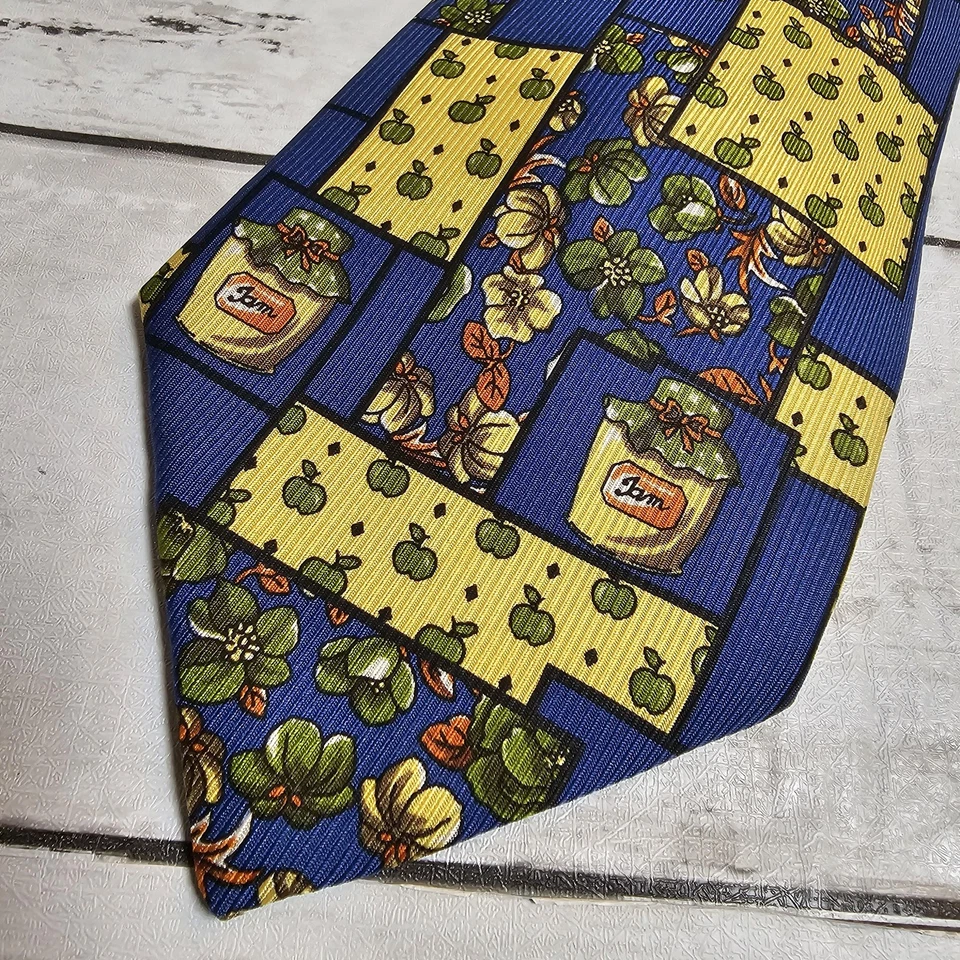 Corbata Hilditch & Key para hombre azul amarillo novedad tarros mermelada manzanas floral hecha en Francia Foto 2 de 4