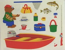 2 Sheets Mrs Grossman`s CANOEING BEAR Stickers 1995 Discontinued Fishing Pole