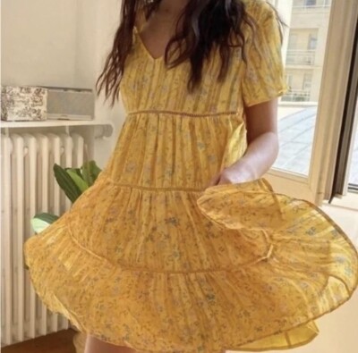 Urban Outfitters Yellow Gold Pippa Chiffon Tiered Floral Mini Dress Size XS  | eBay