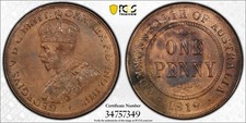 Australia 1919 DOT BELOW PENNY PCGS Graded MS63 RB