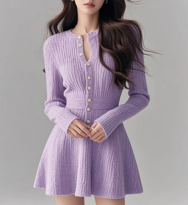 Women's Autumn Crew Neck Long Sleeves A-line Dress V-neck Short Knitted  Dress | eBay