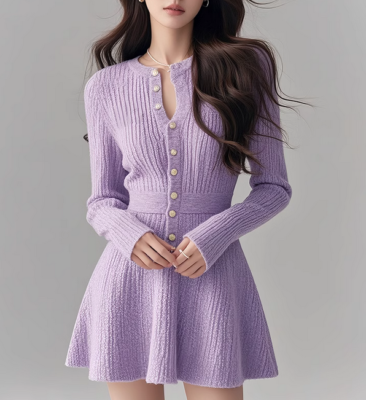 Korean Purple Knitted Dress Women's Autumn Chic A-line Dress V-neck Short  Skirt | eBay
