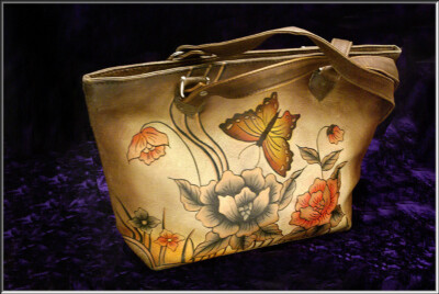Beautiful Vtg Biacci  Leather Hand Painted Butterflies & Flowers 2 Handle Bag