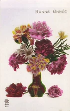 CP BONNE ANNEE VASE OEILLETS MARGUERITES - 33646