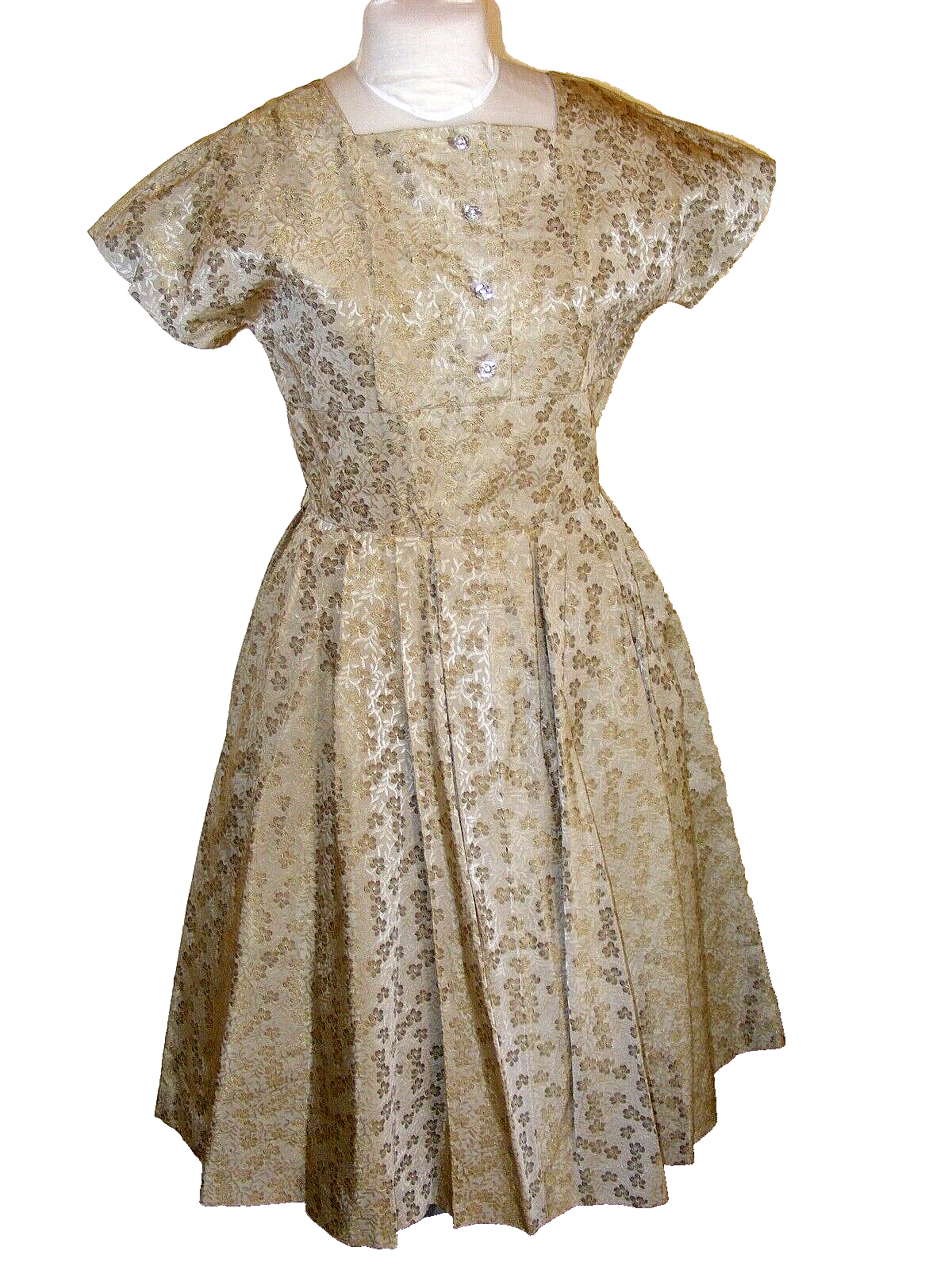 1950S COCKTAIL DRESS GOLD MOSS GREEN BROCADE FULL SKIRT SIZE ZIP 36
