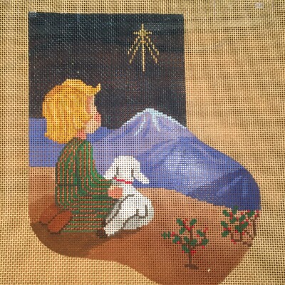 Carol Travis  painted Needlepoint Canvas Stocking Child Lamb 18 PT 6x7''