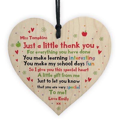 Handmade Personalised Teacher Gift Wooden Heart Thank You Leaving Gift ...