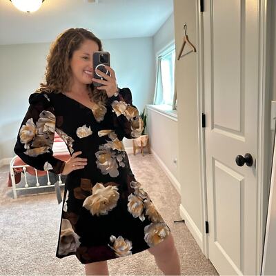 NWT Calvin Klein Black Cream Floral Long Sleeve Mini Dress 2 | eBay