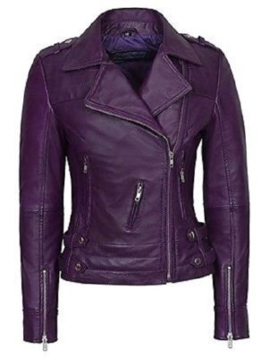 NOORA Women's Purple Biker Jacket, Classic Leather Jacket