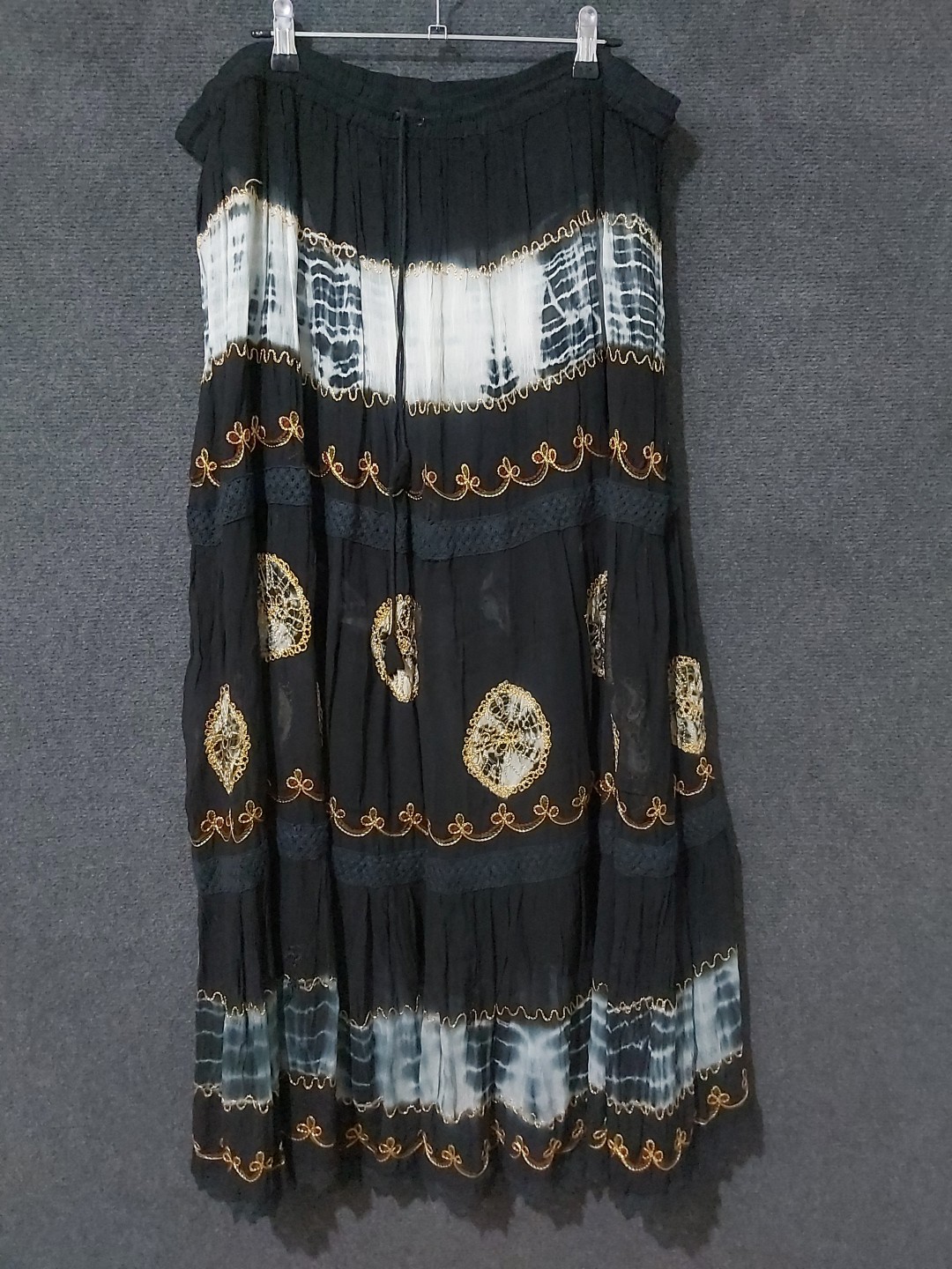 Boho Black Embroidered Lace Skirt with Tie Waist in Rayon