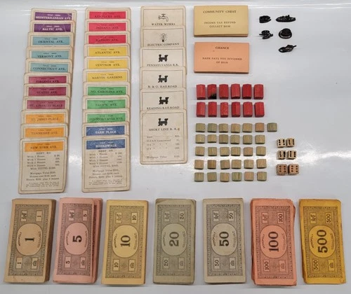 Vintage 1935 Monopoly Parker Brothers Game Original Wooden Pieces , No Board