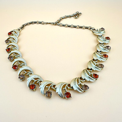 Vintage Coro Rhinestone Necklace Brushed Gold Tone Leaf Orange Peach Chatons