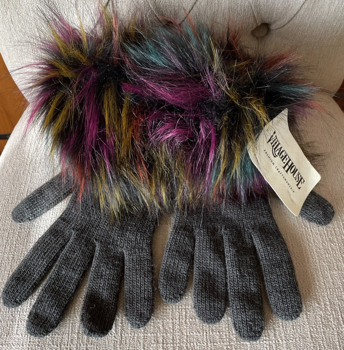 Village House Faux Fur Gray knitted Gloves Made in Poland New with Tag