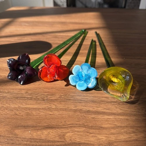 Set of 4 Vintage Murano Style Hand Blown Glass Flowers Long Stem 12” Long READ**