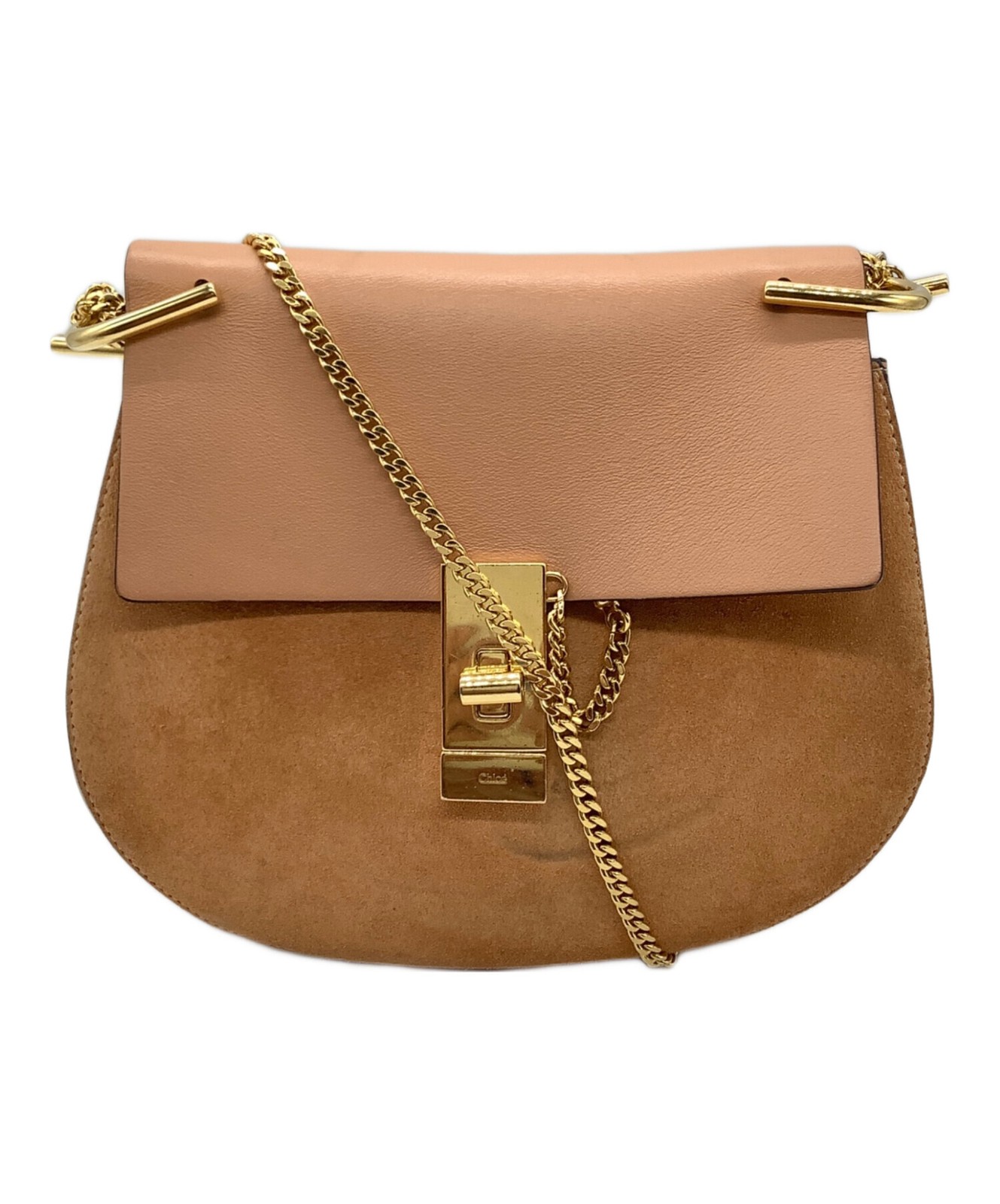 Chloe Shoulder Bag Purse Drew Chain Suede Beige Authentic