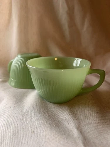 Vintage | 2 Jadeite Jane Ray Ribbed Coffee Tea Cups Green Glass  MCM