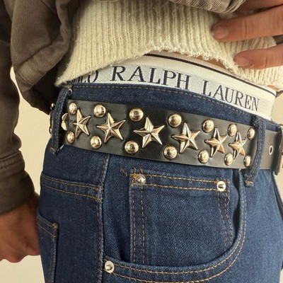 Y2K Black Silver Star Studded Belt Unisex Goth Emo Style 44'' Long