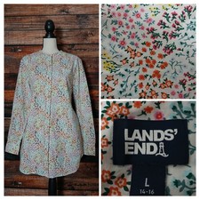 Lands' End Tunic Top Size Large 100% Cotton Floral Print Button Front Pockets 