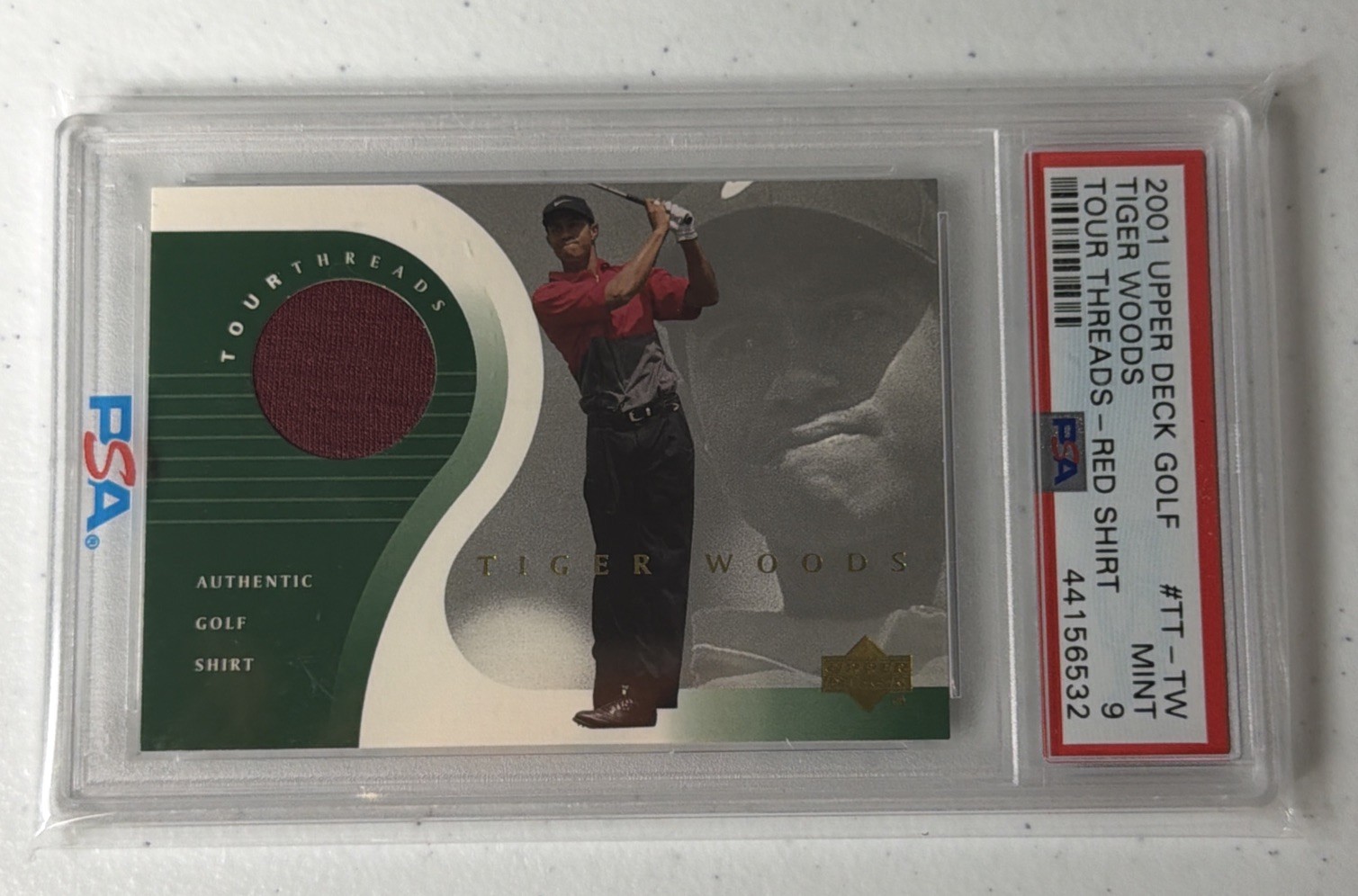2001 Upper Deck Golf Tiger Woods Tour Threads - Red Shirt PSA 9 Rookie