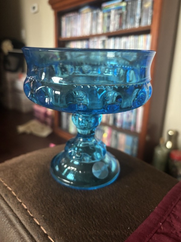 Indiana Glass Compote Candy Dish Aqua Blue Kings Crown Thumbprint USA
