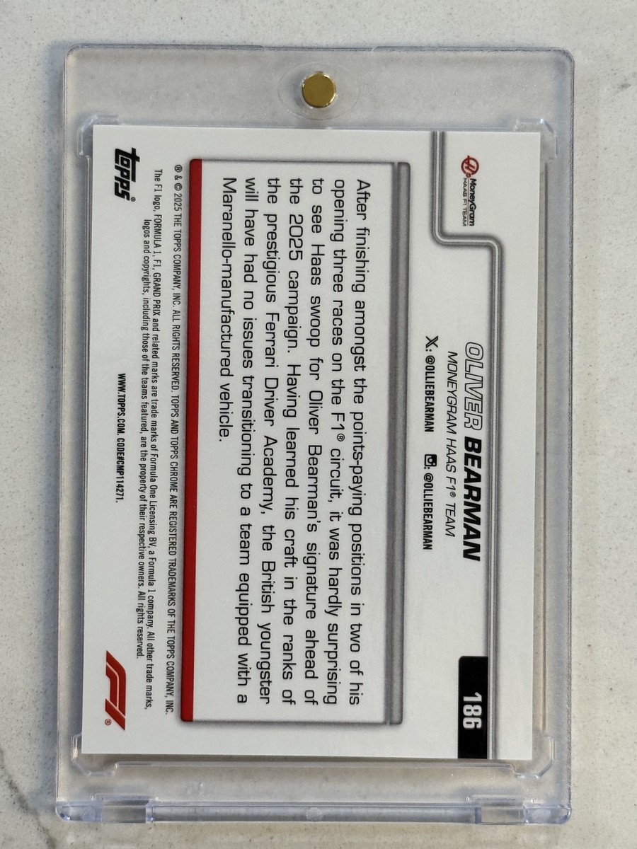 2025 Topps Chrome Formula 1 F1 #186 Oliver Bearman Gold Refractor