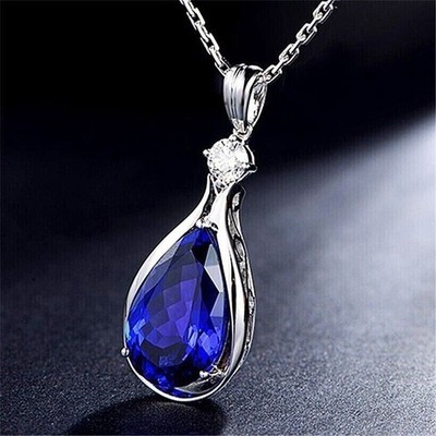 14k White Gold Plated Pear Cut Simulated Blue Sapphire Stunning Women's Pendant