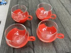 Vintage Set of 4 1970s PYREX MCM Roly Poly Orange/Red Glass Coffee Cup & Holders