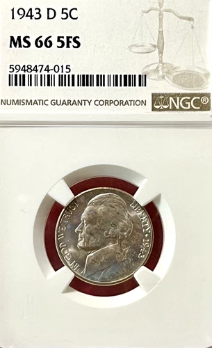 NGC MS-66 5 FULL STEPS! 1943-D JEFFERSON NICKEL