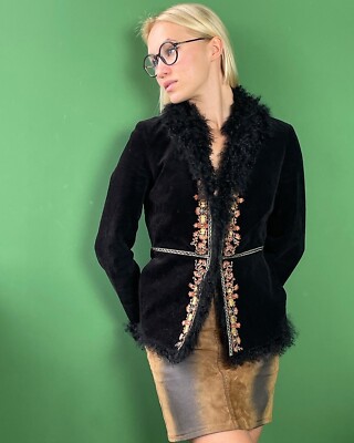 Vintage 90s Vivienne Tam Black Corduroy Jacket Llama Fur And
