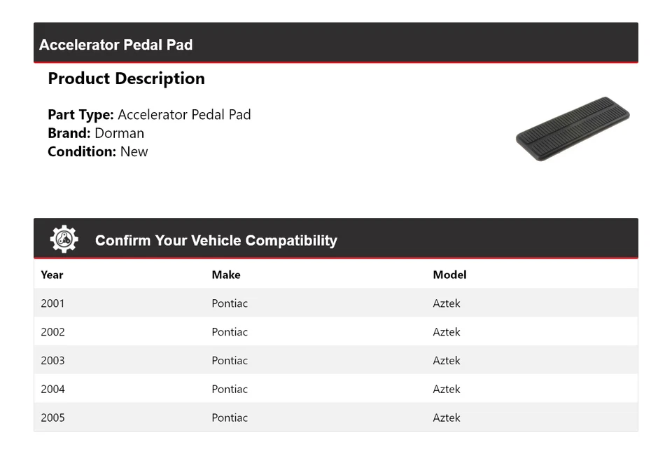Almohadilla de pedal acelerador para Pontiac Aztek Dorman 2001-2005 2002 2003 2004 Foto 2 de 4