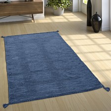 Designer Teppich Webteppich Kelim Handgewebt 100% Baumwolle Modern Meliert Blau