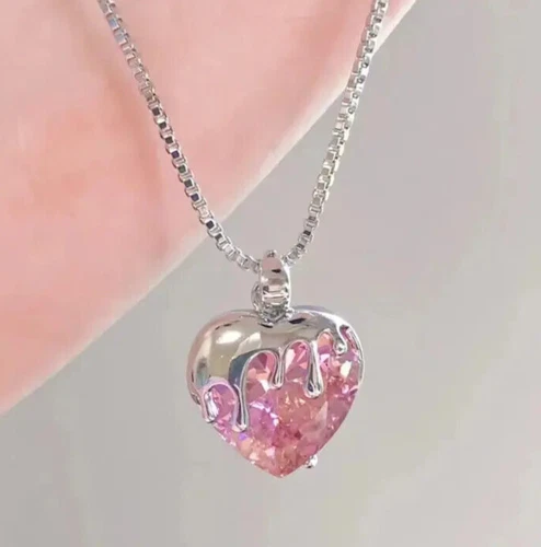 Fashion Pink Heart Pendant Collar Necklace Versatile Gift Women Creative Unique - Picture 1 of 5