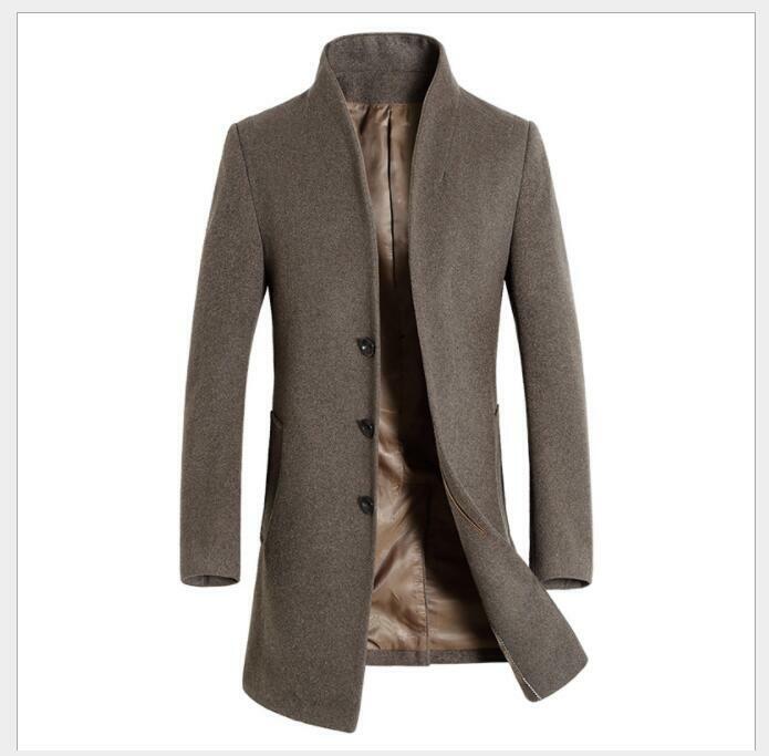 Men's Cashmere Blend Stand Collar Jacket French Wool Coat Business Trench  Coat