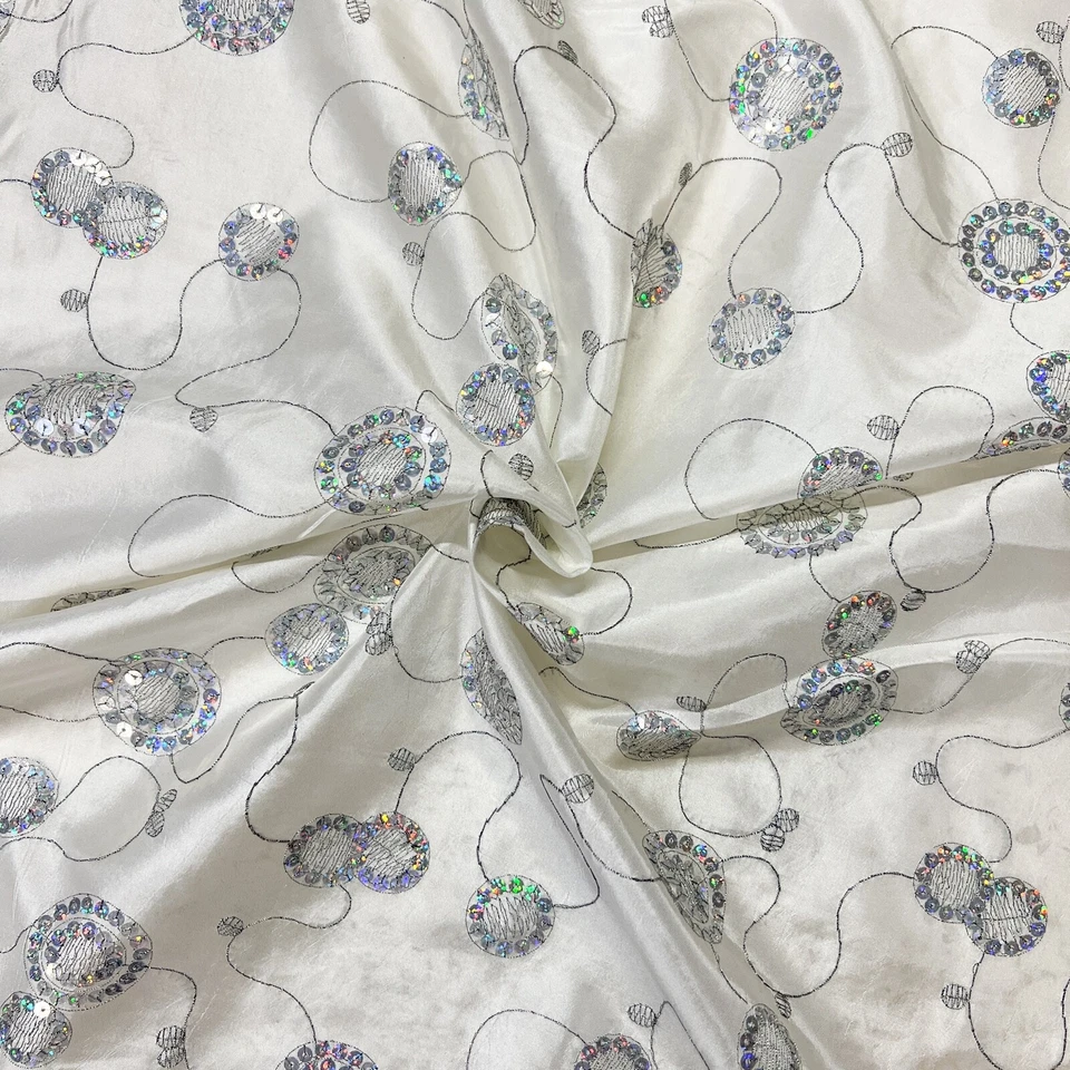 Bestickter Taft Stoff Muster Ecru Pailletten Dekostoff Bekleidung Schick Deko - Bild 3 von 4