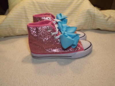 JoJo Siwa Pink Glitter High-top tennis shoes with Blue Bows -Size 1/2 