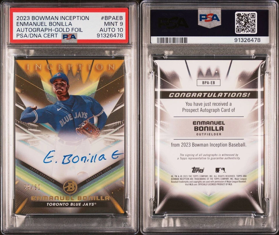 Enmanuel Bonilla 2023 Bowman Inception GOLD AUTO /50 PSA 9/auto 10 Pop 1 - Image 3 of 3