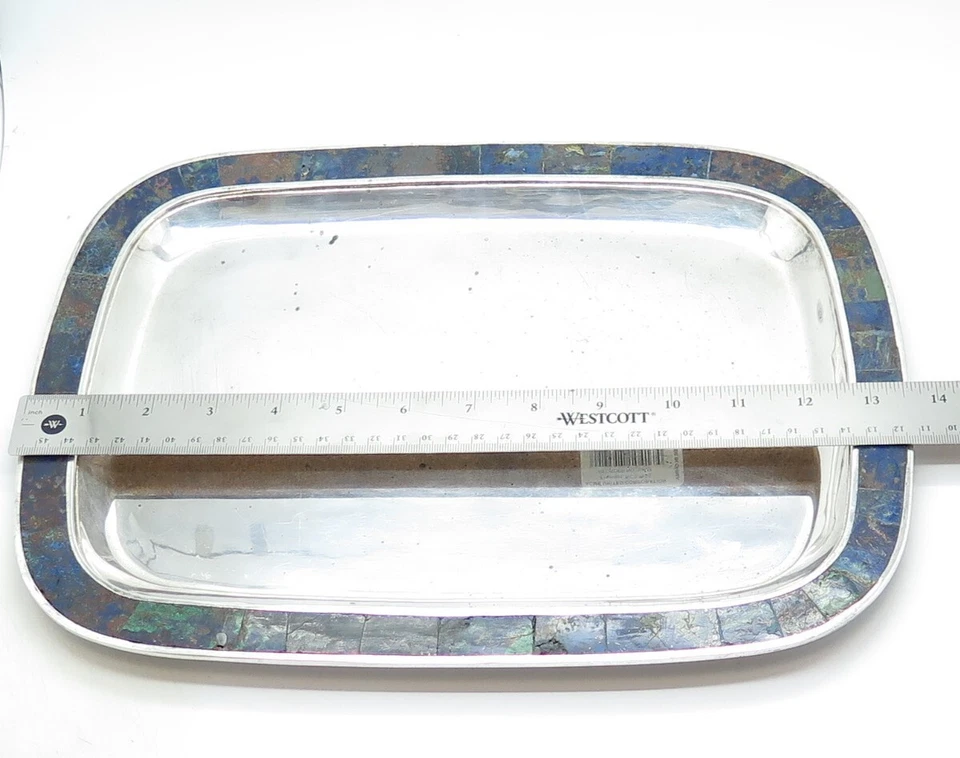 LOS CASTILLO Silver-Tone Vintage Mexico Real Azurite Modernist Tray - Image 3 of 4