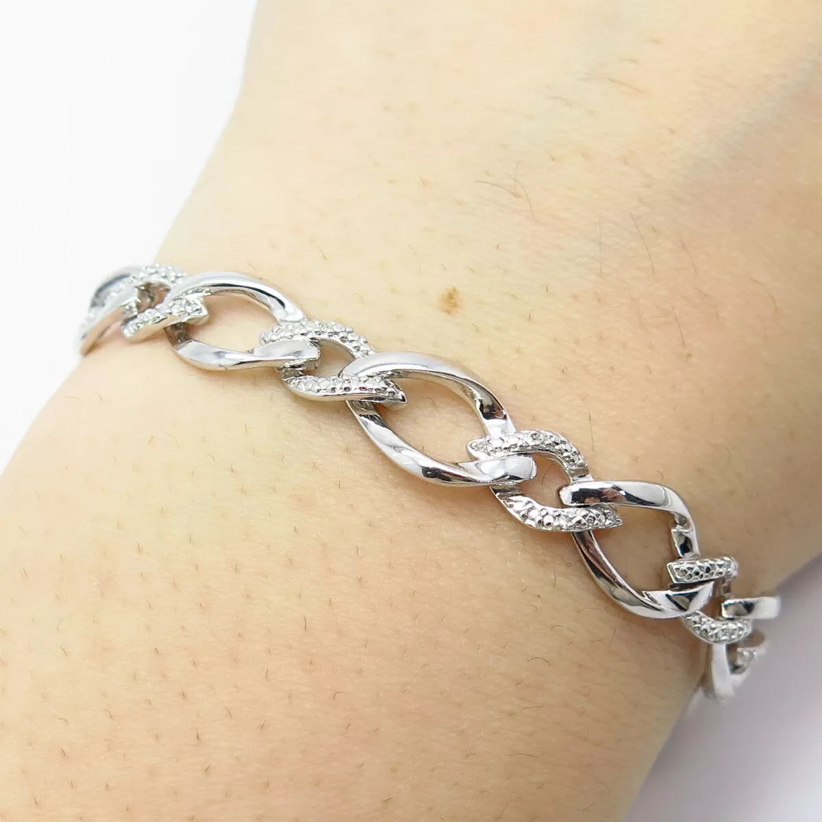 925 Sterling Silver SUN Real White Diamond Figaro Link Bracelet 7.5