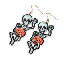 Halloween Funny Skeleton Pumpkin Design Luminous Dangle Earrings - New