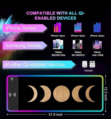 iCasso Wireless Charging RGB Gaming Mouse Pad (Moon) Large 31.5x11.8