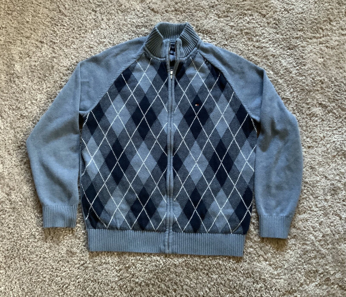 tommy hilfiger Men Zip Up Sweater Blue And Black Diamond Pattern