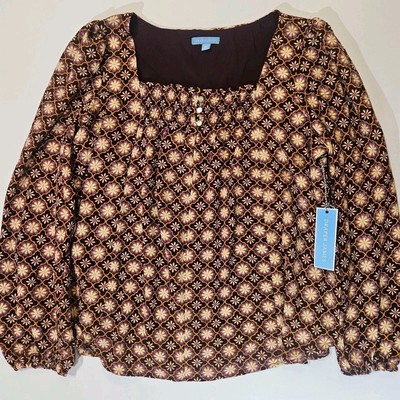 Draper James Womens Blouse XL Yellow Purple Square Neck Floral 70s Inspired NEW