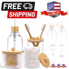 Bamboo Bathroom Accessories Set 4 Pcs - Clear Toothbrush Holder Plastic Soap ...