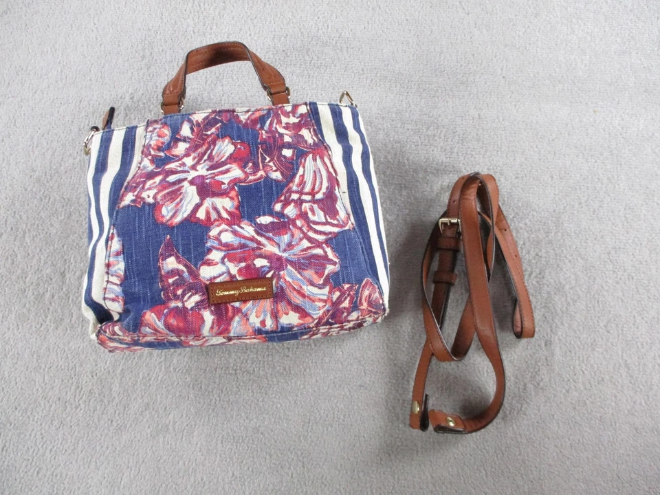 Bolsa satchel Tommy Bahama feminina azul listra floral lona tiracolo - Imagem 2 de 4