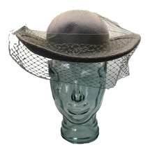 Vintage Sylvia Hat Fascinator Womens 7 1/2 Gray Wool Veil Feather Bow USA 50s
