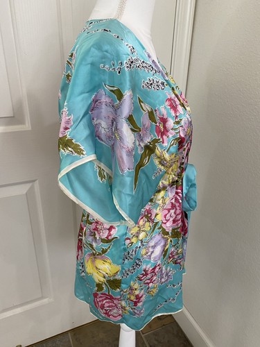 Cabi Small Turquoise Blue Floral Tie-Front 100% Silk Kimono Top Cover-up Lounge - Picture 4 of 7