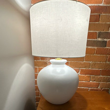 Ceramic White Table Lamp w/ White Drum Fabric Shade, Corded, Rotary Knob