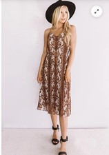 Brown Snake Skin Print Midi Dress Women’s Large Tie Waist Lined Spaghetti Strap